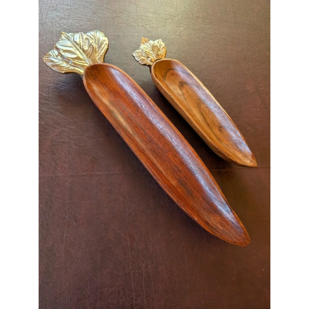 2x Hand Carved in India Wooden and Pewter Stacking Carrots Serving Tray (Pier 1)